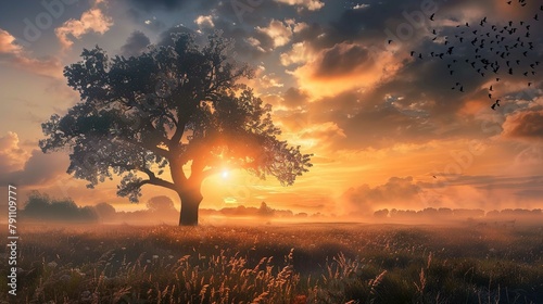 A majestic tree stands alone in a field with the sun setting (or rising) directly behind it, creating a striking backlight that illuminates the tree's leaves and the surrounding misty landscape. The g photo