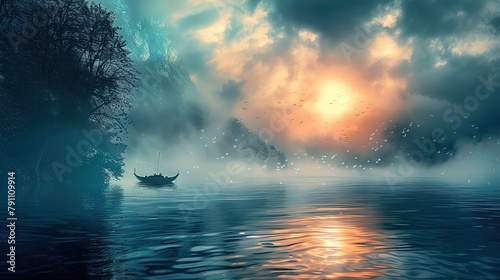 The image presents a serene and mystical scene where a small boat with a person onboard floats on calm water. The water reflects the beautiful colors of the sky, transitioning from a deep blue to a wa