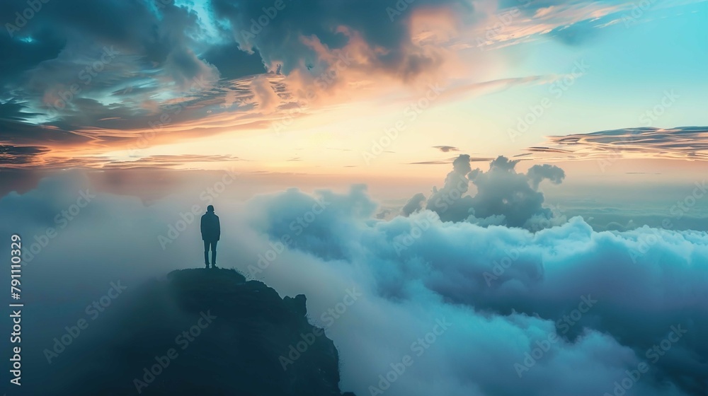 A solitary figure stands at the edge of a high cliff, gazing out at a panoramic view of a dramatic sky filled with billowing clouds and a colorful sunset. The clouds are thick and fluffy, enveloping t