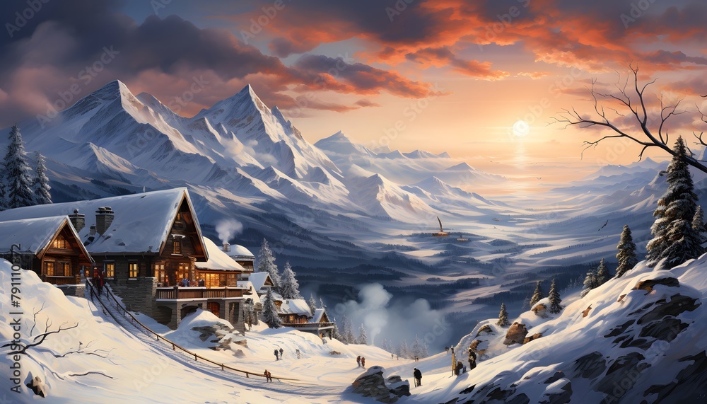 Beautiful winter landscape panorama with a wooden house in the mountains