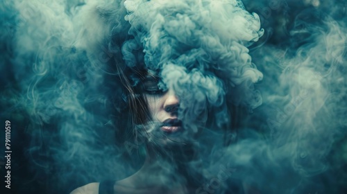 A portrait-oriented image shows a woman partially obscured by billowing smoke or fog. The smoke swirls around her, densest at her head, where it appears like an ethereal headdress and gradually dissip photo