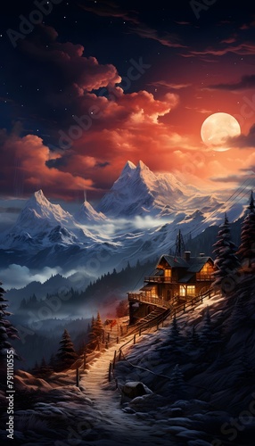 Fantastic winter landscape in the mountains at night. Panorama
