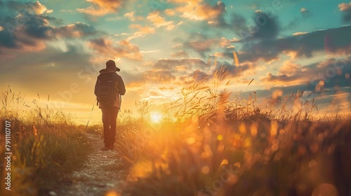 A person with a backpack is standing in a rural field at sunset. The person is wearing a hat and is shown from behind, gazing towards the horizon, where the sun is setting amidst a cloudy sky. The sun
