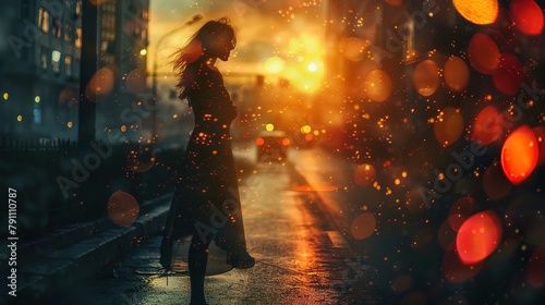 A silhouette of a woman facing away appears in the foreground, set against a bokeh-lit cityscape at dusk or night. She is standing on a wet, reflective street that captures the warm glow of the city l