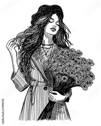 girl with daisies flowers lavish bouquet isolated black white hand drawn sketch illustration transparent background