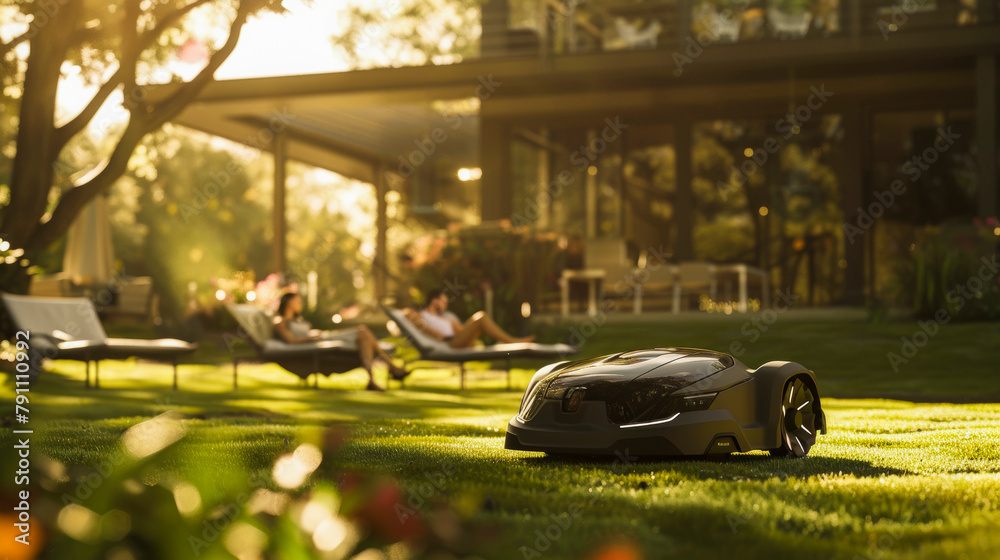 Robotic Mower at Work While Woman Relaxes in Garden Robotic Mower at Work While Woman Relaxes in Garden