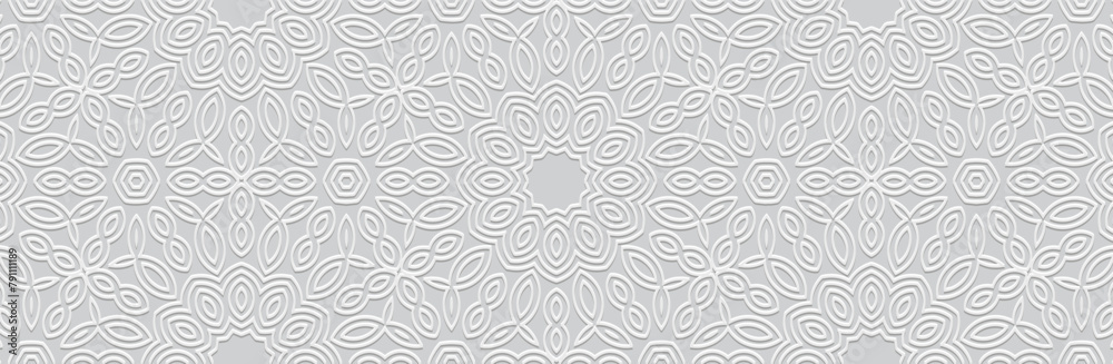 Banner. Embossed geometric elegant floral 3D pattern on a white background. Ornamental cover design, handmade, abstract zentangle. Boho motifs of the East, Asia, India, Mexico, Aztec, Peru.