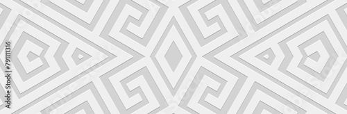 Banner. Relief geometric vintage 3D pattern on a white background. Ornamental ethnic cover design, Greek meander style. Boho motifs of the East, Asia, India, Mexico, Aztec, Peru.
