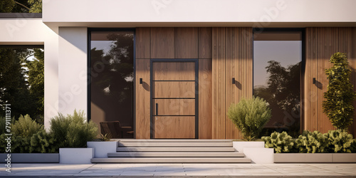 A view of a modern house and its security entrance door. Nice greenery to complement the building.