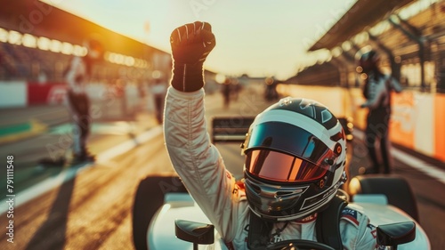 Racing driver celebrates victory on track with raised fist