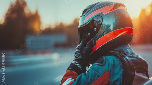 Motorcyclist wearing helmet and gloves at sunset