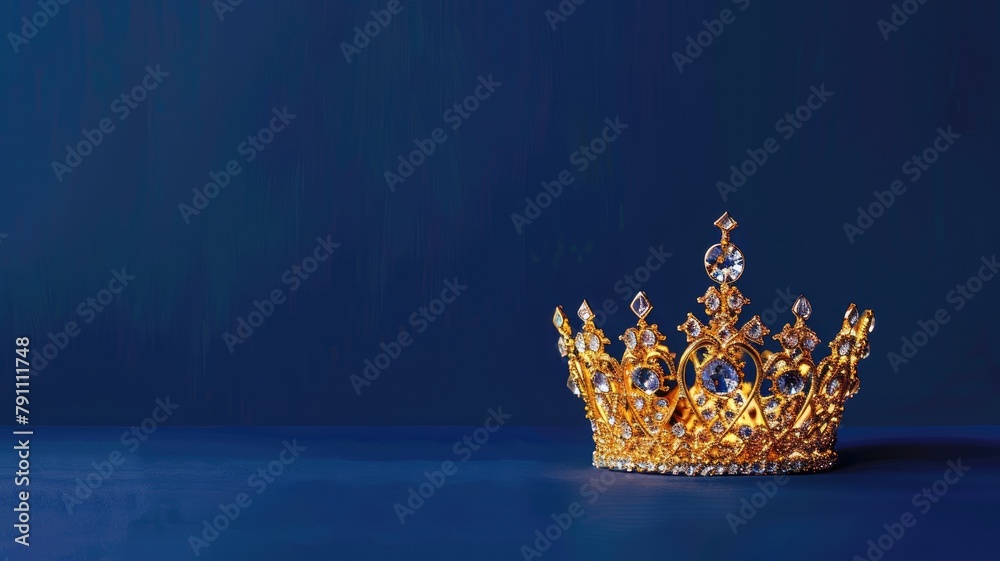 Golden crown with gemstones on blue background