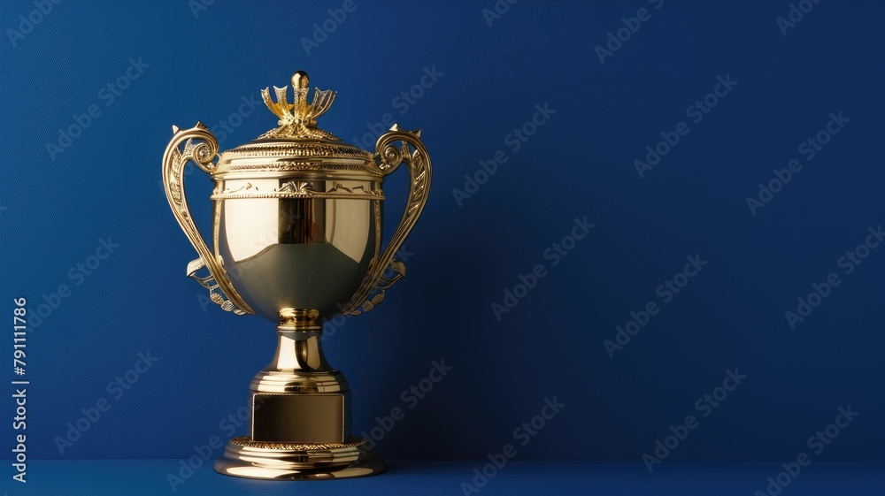 Obraz premium Golden trophy against blue background, symbolizing victory and achievement