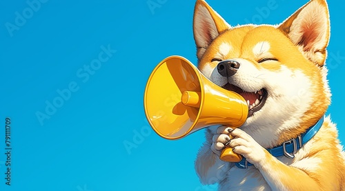 A shiba inu dog holding a yellow megaphone and shouting on a blue background, copy space concept for advertising of a pet shop or animals products with a focus effect.
