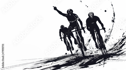 dynamic silhouette illustration of cyclists in motion with ink splash effect for high-energy sports, Tour de France victory theme