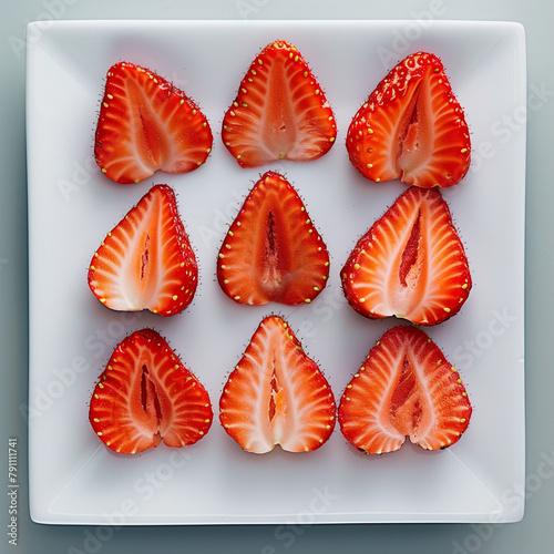 Set of sliced strawberries on a white plate