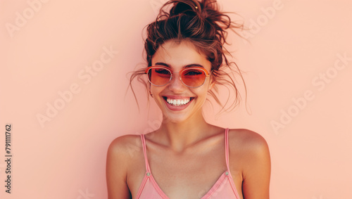 Stylish happy smiling young woman in sunglasses posing on pink studio background