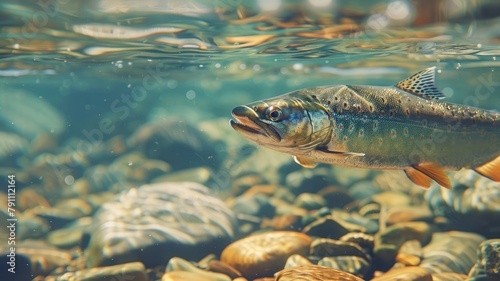 Brown trout swimming underwater in clear stream with pebbles visible on riverbed