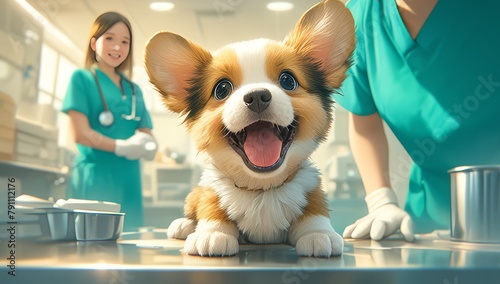 A Jack Russell Terrier dog is sitting on a table in front of a female doctor wearing sea green colored scrubs, inside a well-lit animal hospital with white walls and visible medical equipment. 