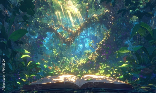 A large open book with green leaves and jungle foliage on the pages, surrounded by lush tropical vegetation in an enchanted forest