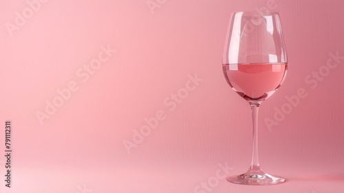 Glass of rose wine on pink background with ample space for text photo