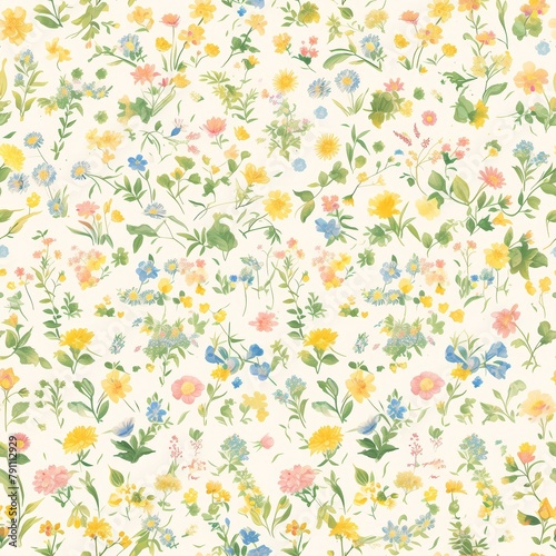 A pattern of small pastel flowers in pink, yellow and green on an offwhite background. 