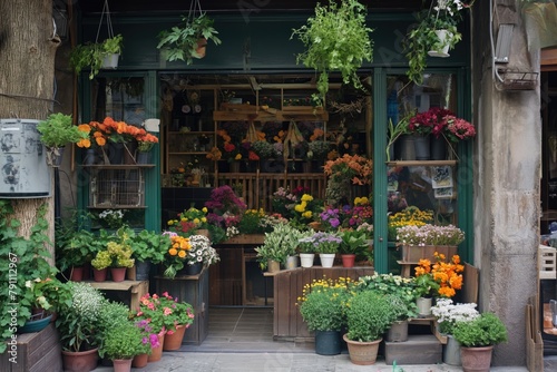 A picturesque street flower shop bursts with vibrant colors, showcasing a diverse array of fresh flowers and plants in a charming urban setting..