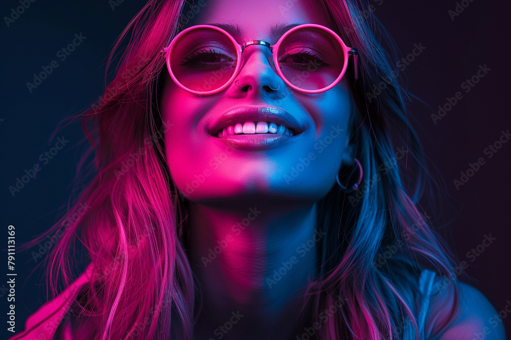 Vibrant Neon Portrait of a Smiling Woman with Glasses Vibrant Neon Portrait of a Smiling Woman with Glasses