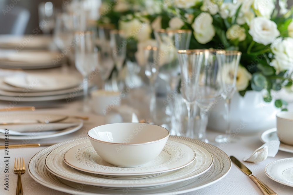 Golden sunset light cascading over an elegant wedding dinner table with sparkling glassware and pristine white plates.. Golden sunset light cascading over an elegant wedding dinner table with sparkling glassware and pristine white plates..
