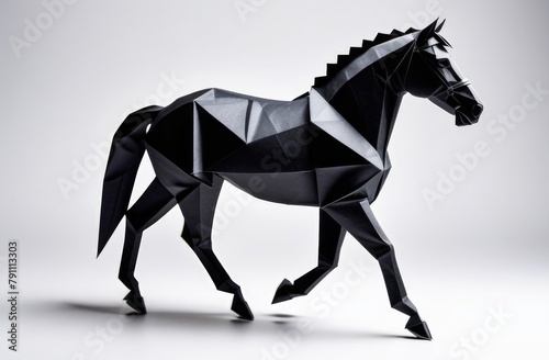 Black horse made of paper on a white background, origami. © Vero