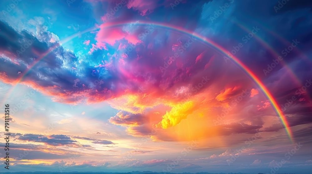 A vibrant rainbow stretching across a dramatic sky after a storm
