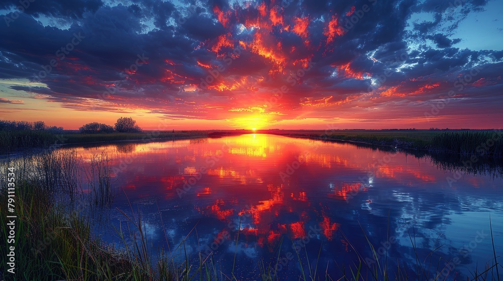 Fototapeta premium A tranquil pond reflecting the fiery colors of sunset, 4k, ultra hd