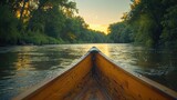 A wooden canoe drifting gently down a tranquil river, 4k, ultra hd