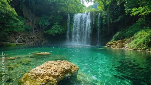 A tranquil waterfall cascading into a crystal clear pool, 4k, ultra hd