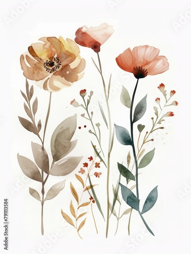 minimalist wildflower watercolor painting,  eadow with ixed flowers Illustration © netrun78