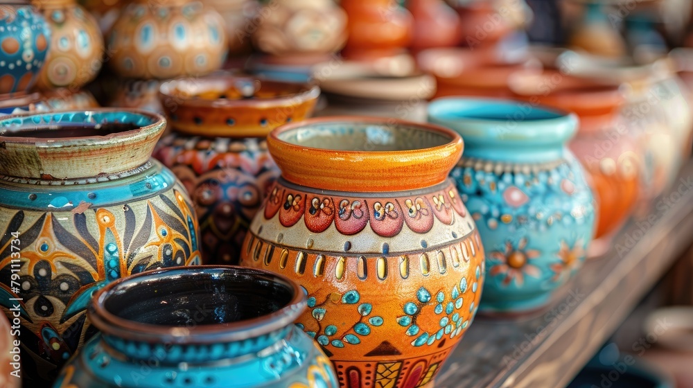 Colorful pottery on display at a local market, 4k, ultra hd