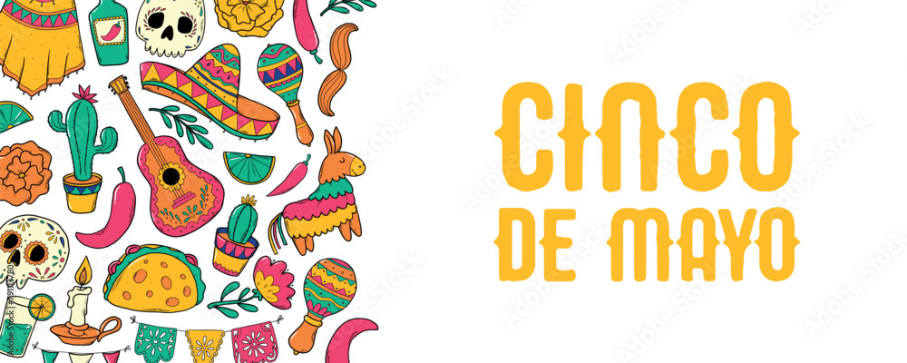 Cinco de Mayo horizontal banner with border of doodles and lettering quote on white background. Social media covers, sale leafles, prints, invitations, templates, etc. EPS 10