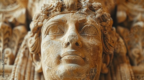 Carving of an ancient statue in a museum, capturing the intricate details of a bygone era photo