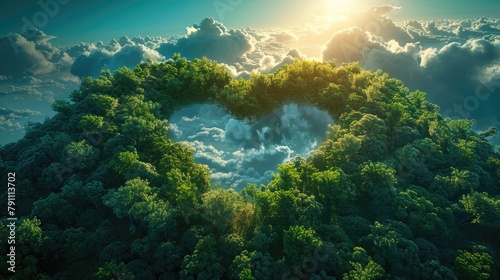 Canopy of Green% A Heart-Shaped Cloud Amidst Verdant Foliage, Symbolizing Eco-Affection © Gefo
