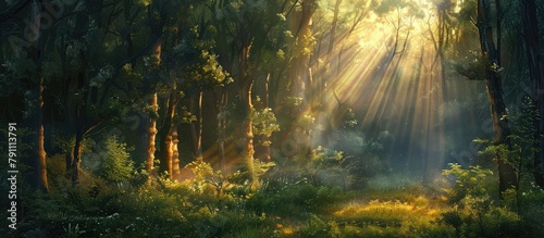 Forest bathed in sunlight in the early morning