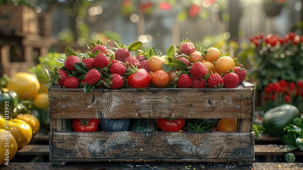 Freshly picked organic produce arranged in a rustic wooden crate at a farmer's market Freshly picked organic produce arranged in a rustic wooden crate at a farmer's market