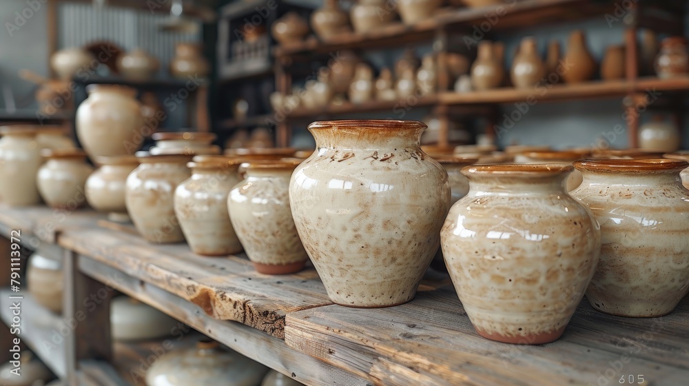 Handmade artisanal pottery displayed on wooden shelves in a cozy ceramics studio