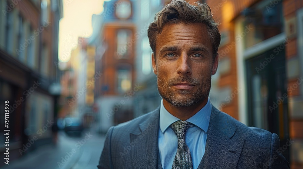 Handsome man in a tailored suit and tie looking confidently at the camera in a sophisticated urban setting Handsome man in a tailored suit and tie looking confidently at the camera in a sophisticated urban setting