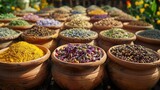 Exotic spices and herbs in traditional clay pots, 4k, ultra hd