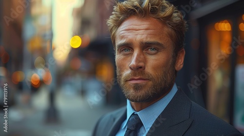 Handsome man in a tailored suit and tie looking confidently at the camera in a sophisticated urban setting