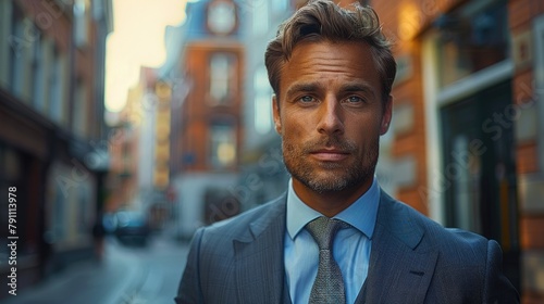 Handsome man in a tailored suit and tie looking confidently at the camera in a sophisticated urban setting