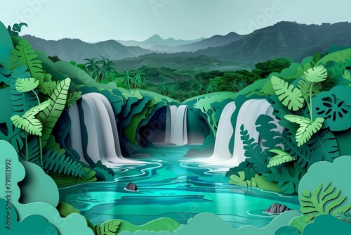Artistic paper cutout depiction of the tranquil Rio Celeste waterfall nestled in Costa Rica's lush landscape, with intricate design details, AI Generated