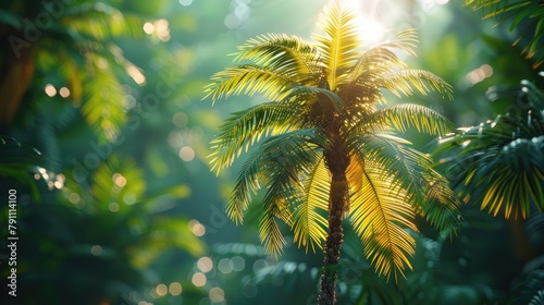 Palm Cradling a Majestic Tree Against a Verdant Backdrop with Sunbeams