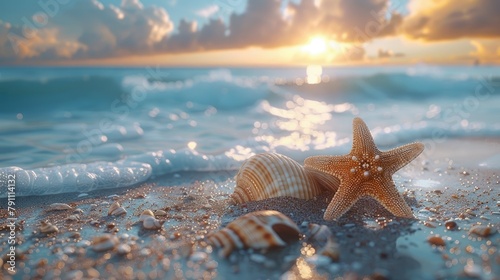 Serene beach scene with seashells and a starfish © Gefo