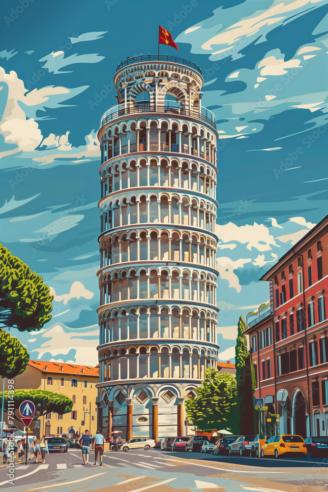 The Leaning Tower of Pisa stands tall in this vibrant vector streetscape, flanked by Italian architecture, AI Generated. - obrazy, fototapety, plakaty 